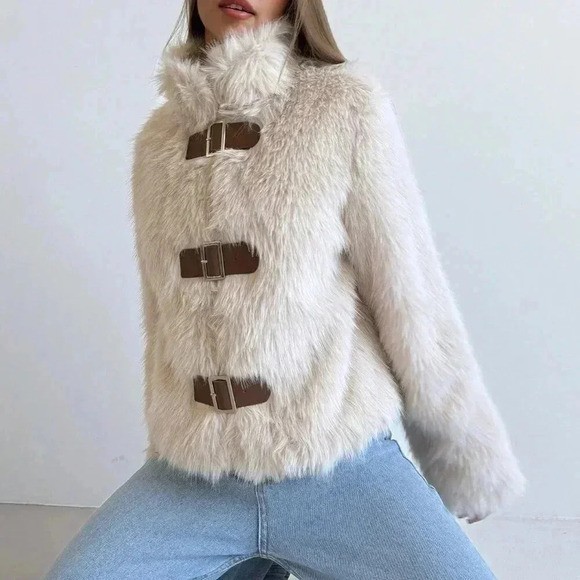 Apricot Casual Women's Stand Collar Fitted Long Sleeve Fluffy Button Jacket - Picture 5 of 9